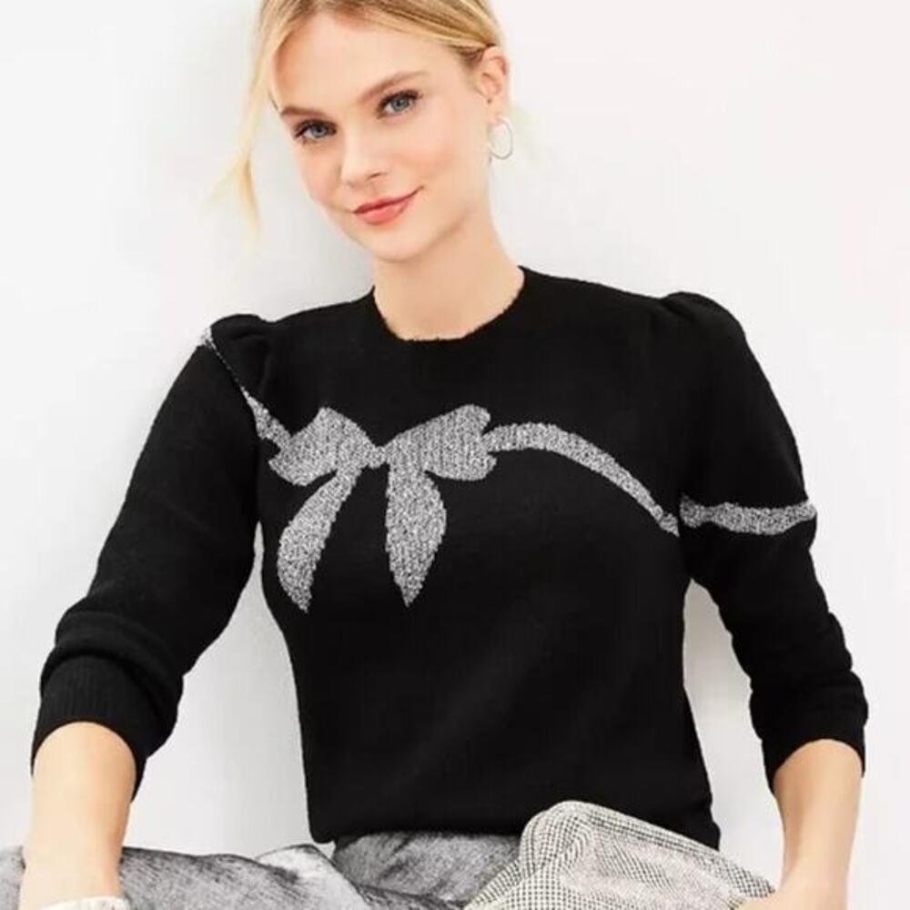 LOFT Silver Shimmer Bow Puff Shoulder Wool Blend Sweater Size S